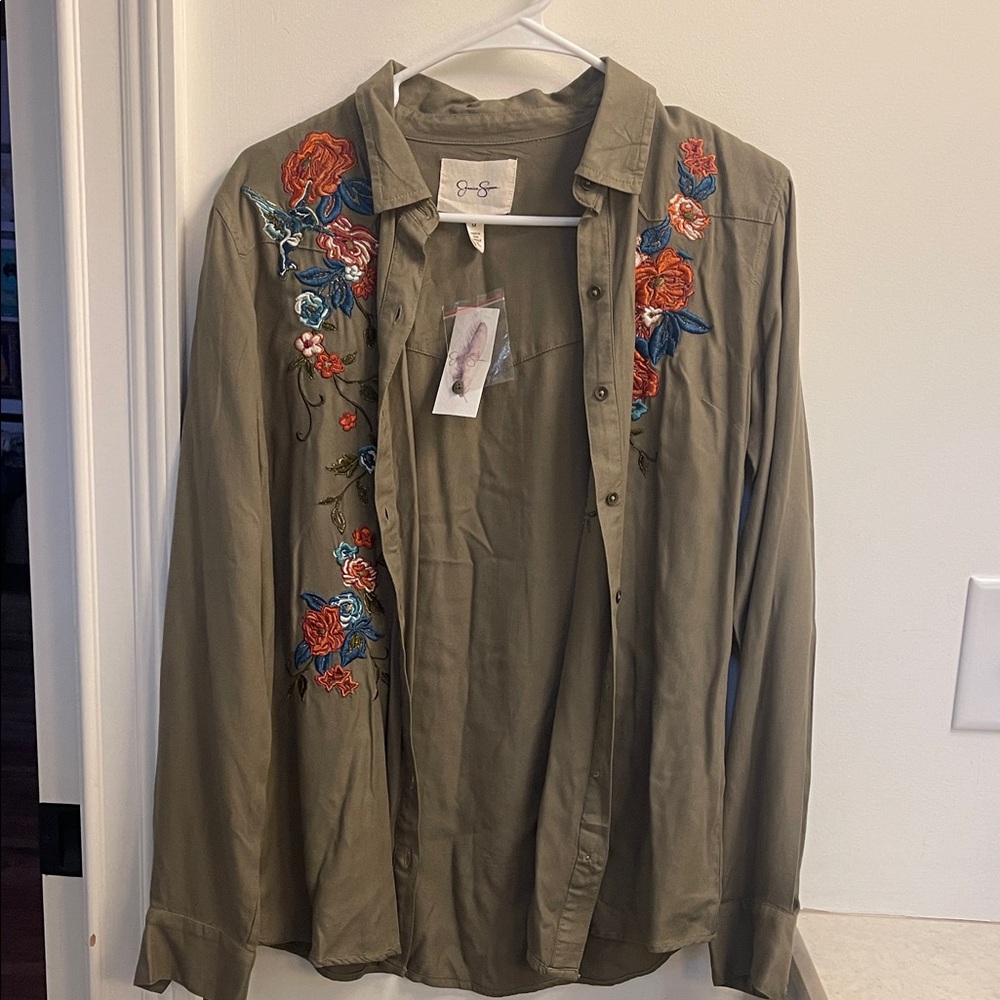 Jessica Simpson Olive Embroidered Button Down Shirt